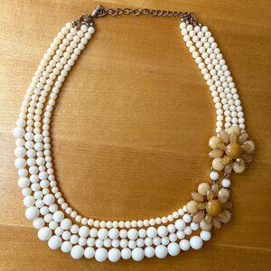 Stunning Vintage Multi-Strand Cream Bead Collar Necklace with Floral Accents